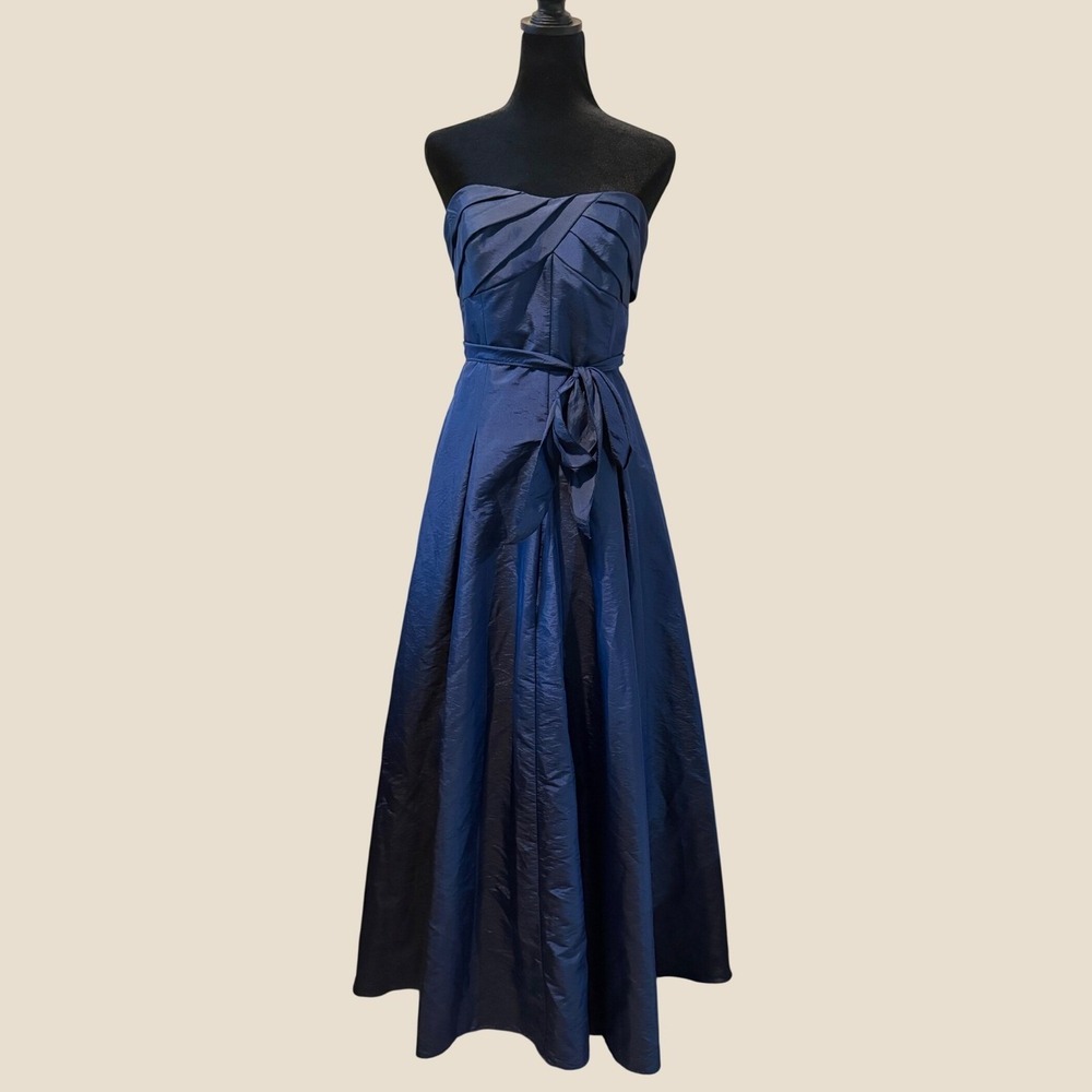 David's Bridal Navy Blue Strapless Taffeta Evening Gown Pleated Dress F12985 10